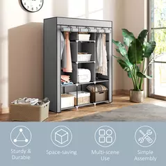 HOMCOM Fabric Wardrobe, with Rails and Shelves - Light Grey - 6