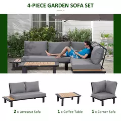Outsunny 4 Pieces Aluminium Garden Furniture Set L Shape Sofa Set with Tables, Cushions for Indoor, Garden, Patio, Dark Grey - 4