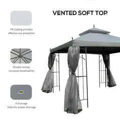 Outsunny 3(M)x3(M) Garden Gazebo Double Top Outdoor Canopy Patio Event Party Wedding Tent Backyard Sun Shade with Netting - Grey - 6