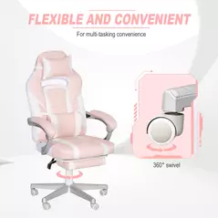 HOMCOM Faux Leather Reclining Gaming Chair, with Footrest - Pink/White - 6