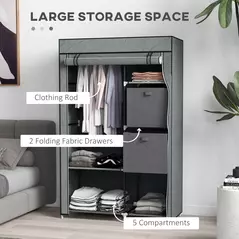 HOMCOM Fabric Wardrobe, Portable Wardrobe, Clothes Storage Unit with 5 Compartments, Hanging Rail and 2 Fabric Drawers, 102 x 42.5 x 162.5cm, Dark Grey - 4