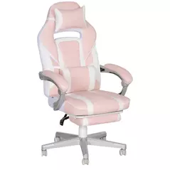 HOMCOM Faux Leather Reclining Gaming Chair, with Footrest - Pink/White - 1