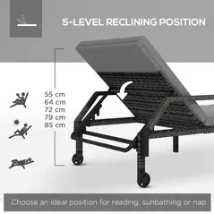 Outsunny Outdoor PE Rattan Sun Lounger Set of 2, Wicker Chaise Recliner Garden Chair with 5-Level Adjustable Backrest and 2 Wheels, Grey - 4