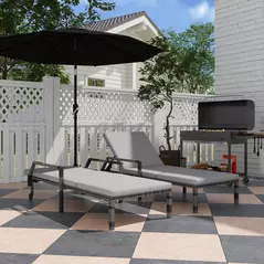 Outsunny Outdoor PE Rattan Sun Lounger Set of 2, Wicker Chaise Recliner Garden Chair with 5-Level Adjustable Backrest and 2 Wheels, Grey - 2