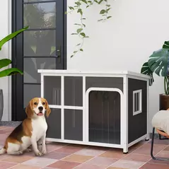 PawHut Wooden Outdoor Dog House, with Asphalt Openable Top, Removable Floor, Clear Front Panel, Curtain, 103 x 77 x 83cm - 2