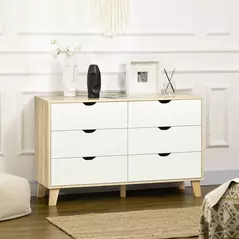 HOMCOM Bedroom Chest of Drawers, Wide 6-Drawer Dresser, Storage Drawer Unit with Wood Legs for Living Room, White and Light Brown - 2