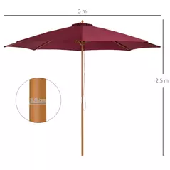 Outsunny 3(m) Garden Parasol, Pulley Operated Patio Umbrella, Wooden Table Market Umbrella with Rope Pulley Mechanism and 8 Ribs, Wine Red - 3