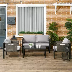 Outsunny 4 Piece Metal Garden Furniture Set with Tempered Glass Coffee Table, Texteline Pocket, Outdoor Set Loveseat Single Armchairs with Padded Cushions, Light Grey - 2