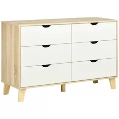 HOMCOM Bedroom Chest of Drawers, Wide 6-Drawer Dresser, Storage Drawer Unit with Wood Legs for Living Room, White and Light Brown - 1
