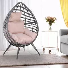 Outsunny Garden Egg Chair, Teardrop Outdoor PE Rattan Chair with Full-body Soft Padded Cushion, Grey - 2