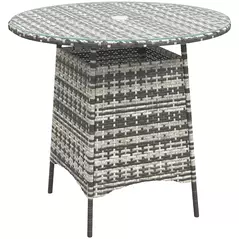 Outsunny Wicker Garden Rattan Table, Patio Furniture Outdoor Coffee Table with Umbrella Hole and Tempered Glass Top, Grey - 1