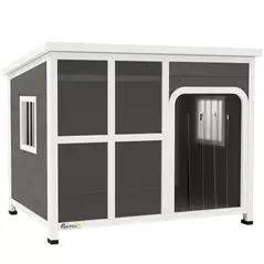 PawHut Wooden Outdoor Dog House, with Asphalt Openable Top, Removable Floor, Clear Front Panel, Curtain, 103 x 77 x 83cm - 1