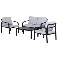 Outsunny 4pcs Garden Sofa Set 2 Single Armchair, 1 Bench & 1 Coffee Table Set Aluminum Frame Patio Furniture with Cushions, Black - 1