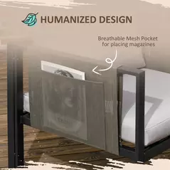 Outsunny 4 Piece Metal Garden Furniture Set with Tempered Glass Coffee Table, Texteline Pocket, Outdoor Set Loveseat Single Armchairs with Padded Cushions, Light Grey - 4