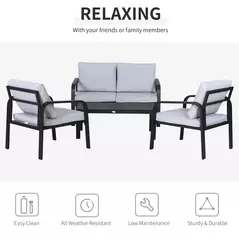 Outsunny 4pcs Garden Sofa Set 2 Single Armchair, 1 Bench & 1 Coffee Table Set Aluminum Frame Patio Furniture with Cushions, Black - 5