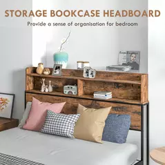 HOMCOM Industrial Double Bed Frame with Storage Headboard & Under-Bed Space – Robust Steel Base, 4.8 ft Double Bed, Rustic Brown - 4