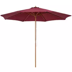 Outsunny 3(m) Garden Parasol, Pulley Operated Patio Umbrella, Wooden Table Market Umbrella with Rope Pulley Mechanism and 8 Ribs, Wine Red - 1
