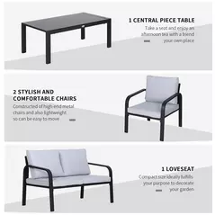 Outsunny 4pcs Garden Sofa Set 2 Single Armchair, 1 Bench & 1 Coffee Table Set Aluminum Frame Patio Furniture with Cushions, Black - 6