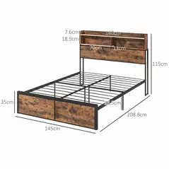 HOMCOM Industrial Double Bed Frame with Storage Headboard & Under-Bed Space – Robust Steel Base, 4.8 ft Double Bed, Rustic Brown - 3