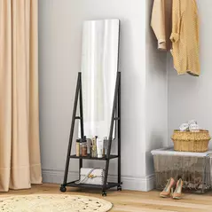 HOMCOM Free Standing Dressing Mirror, Rolling Full Length Mirror on Wheels with Adjustable Angle, Storage Shelves for Bedroom - 2