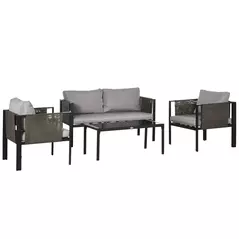 Outsunny 4 Piece Metal Garden Furniture Set with Tempered Glass Coffee Table, Texteline Pocket, Outdoor Set Loveseat Single Armchairs with Padded Cushions, Light Grey - 1
