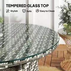 Outsunny Wicker Garden Rattan Table, Patio Furniture Outdoor Coffee Table with Umbrella Hole and Tempered Glass Top, Grey - 6