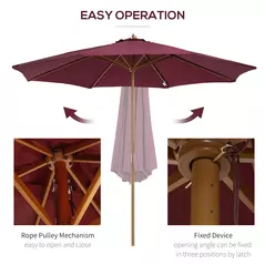 Outsunny 3(m) Garden Parasol, Pulley Operated Patio Umbrella, Wooden Table Market Umbrella with Rope Pulley Mechanism and 8 Ribs, Wine Red - 4