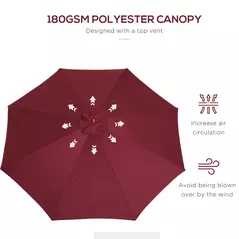 Outsunny 3(m) Garden Parasol, Pulley Operated Patio Umbrella, Wooden Table Market Umbrella with Rope Pulley Mechanism and 8 Ribs, Wine Red - 5