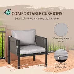 Outsunny 4 Piece Metal Garden Furniture Set with Tempered Glass Coffee Table, Texteline Pocket, Outdoor Set Loveseat Single Armchairs with Padded Cushions, Light Grey - 6