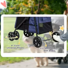 PawHut Dog Pram Dog Stroller 4 Wheels Pet Pushchair with Rolling Door, Cushion, Safety Leashes, for Small and Medium Breeds, Dark Blue - 6