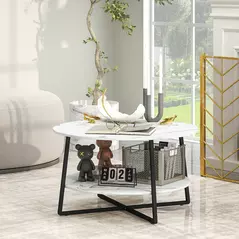 HOMCOM Two-Tier Marble-Effect Coffee Table - White/Black - 2