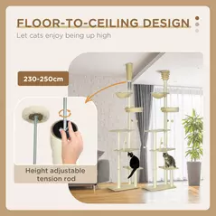 PawHut 230-250cm Floor-to-Ceiling Climbing Cat Tree Tower - Beige - 5