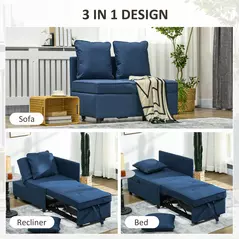 HOMCOM 3-In-1 Single Sofa Bed with Thick Padded Seat & 5-position Adjustable Back for Living Room, Bedroom, Blue - 4