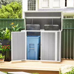 Outsunny 4.7 x 2.5FT Garden Shed, Double Bin Storage Shed with Lockable Doors, Outdoor Small Shed with Openable Lid for 2 Trash Cans, Garden Tools, Grey - 2