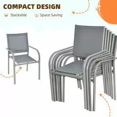 Outsunny 7 Piece Garden Dining Set, Outdoor Table and 6 Stackable Chairs, Steel Frame, Tempered Glass Top Table, Mesh Seats, Grey - 5