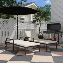 Outsunny Outdoor PE Rattan Sun Lounger Set of 2, Wicker Chaise Recliner Garden Chair with 5-Level Adjustable Backrest and 2 Wheels, Cream White - 2