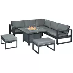 Outsunny 6-Piece Aluminium Garden Furniture Set with Fire Pit Table, Outdoor Dining Sofa Set with Cushions, Loveseats and Footstools, Sectional Corner Conservatory Furniture for Patio, Grey - 1