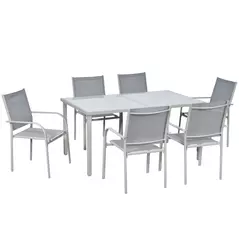 Outsunny 7 Piece Garden Dining Set, Outdoor Table and 6 Stackable Chairs, Steel Frame, Tempered Glass Top Table, Mesh Seats, Grey - 1