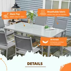 Outsunny 7 Piece Garden Dining Set, Outdoor Table and 6 Stackable Chairs, Steel Frame, Tempered Glass Top Table, Mesh Seats, Grey - 6