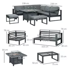 Outsunny 6-Piece Aluminium Garden Furniture Set with Fire Pit Table, Outdoor Dining Sofa Set with Cushions, Loveseats and Footstools, Sectional Corner Conservatory Furniture for Patio, Grey - 3
