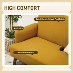 HOMCOM Velvet Feel Fabric 2 Seater Sofa, Small Sofa Loveseat with 21cm Thick Padding and Wood Legs, Yellow - 4
