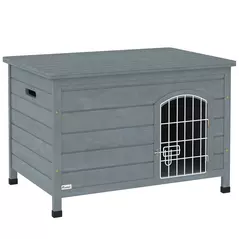 PawHut Wooden Dog House with Removable Bottom, Wire Door, Openable Top, Pet Shelter for Small Dog, 80 x 55 x 53.5cm, Dark Grey - 1