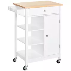 HOMCOM Kitchen Trolley, Kitchen Island on Wheels, w/ Wood Top, 3 Shelves and Storage Cupboard, White - 1