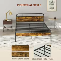 HOMCOM Industrial-Style King Bed Frame - Black/Brown - 4