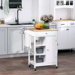 HOMCOM Kitchen Trolley, Kitchen Island on Wheels, w/ Wood Top, 3 Shelves and Storage Cupboard, White - 2