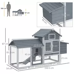 PawHut Small Chicken Coop with Run Hen House Poultry Coops Cages Nesting Box Grey 150.5 x 54 x 87cm - 3