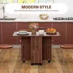 HOMCOM Multi-Storage Six-Person Drop Leaf Dining Table -  Distressed Brown - 4