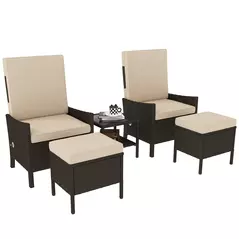 Outsunny 5 Piece Rattan Garden Furniture Set, Wicker Patio Sofa Set with 2 Armchairs, 2 Footstools, Glass Top Coffee Table with Shelf, Outdoor Furniture with Adjustable Backrests, Cushions, Khaki - 1