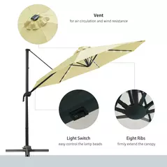 Outsunny 3(m) LED Cantilever Parasol Garden Sun Umbrella w/ Base and Solar Lights Beige - 7