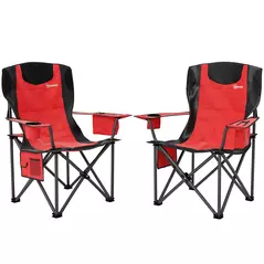 Outsunny Set of 2 Folding Camping Chairs, Padded Camping Chairs with Adjustable Armrests, Portable & Lightweight Folding Camp Chair with Cooler Bag, Cup Holder and Side Pockets, Red - 1